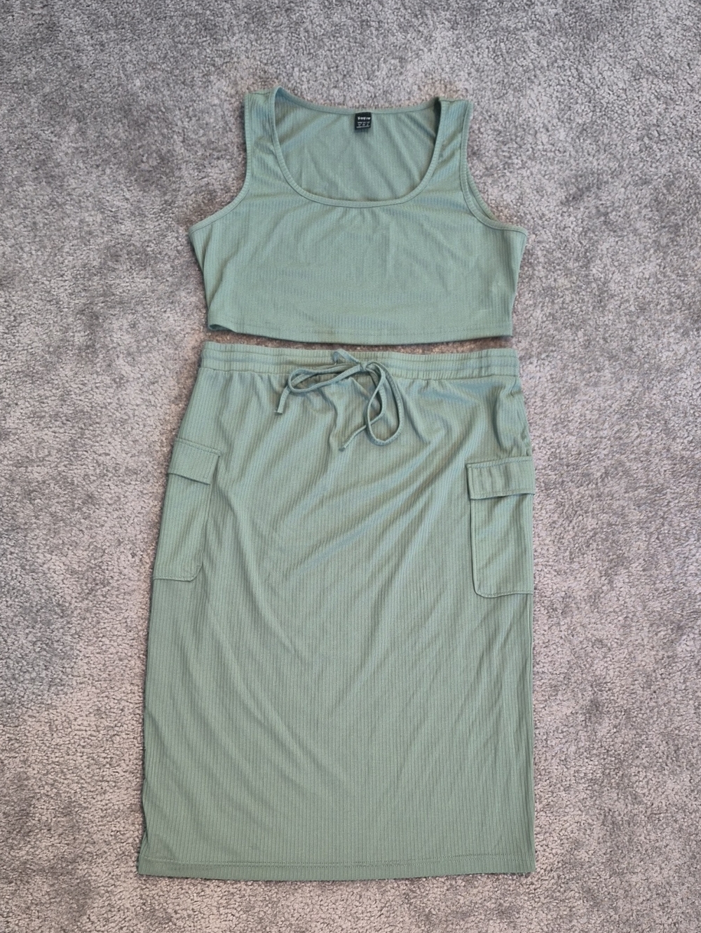 Maternity 2 Piece Ribbed Drawstring Midi Skirt & Crop Tank - Sage Green